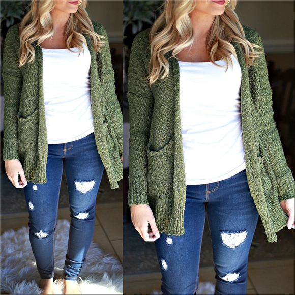 Sweaters - OLIVE CARDIGAN WITH POCKETS